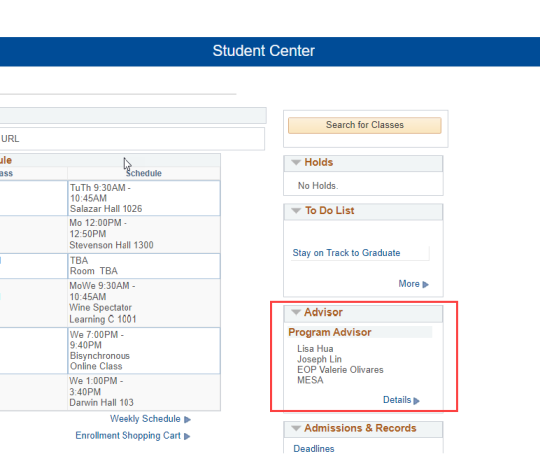 Screenshot of where to find advisors on MySSU