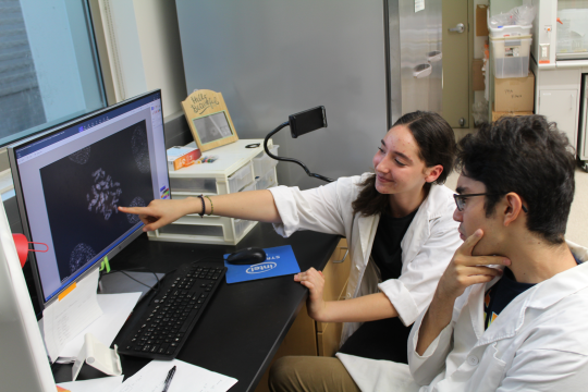 Students looking at cellular video in a lab