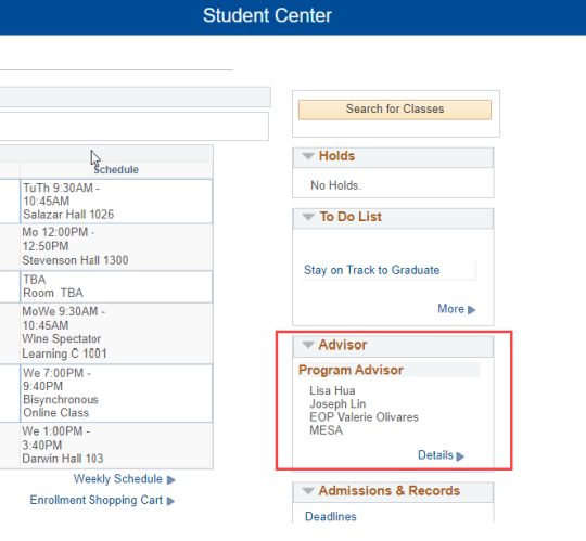 Screenshot of Advisor block on MySSU