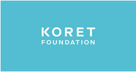 Koret Foundation logo with white text on a light blue background.